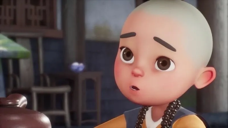 Hình ảnh chú tiểu hài hước tạo không gian vui nhộn và thú vị