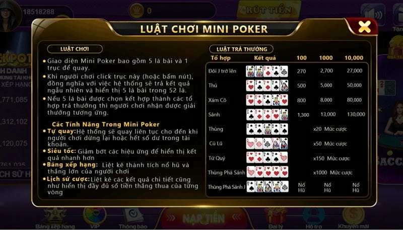 Luật chơi và luật trả thưởng mini poker 68 game bài