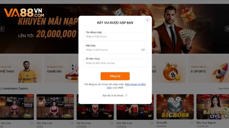 Nhập thông tin đăng ký VA88 vào biểu mẫu