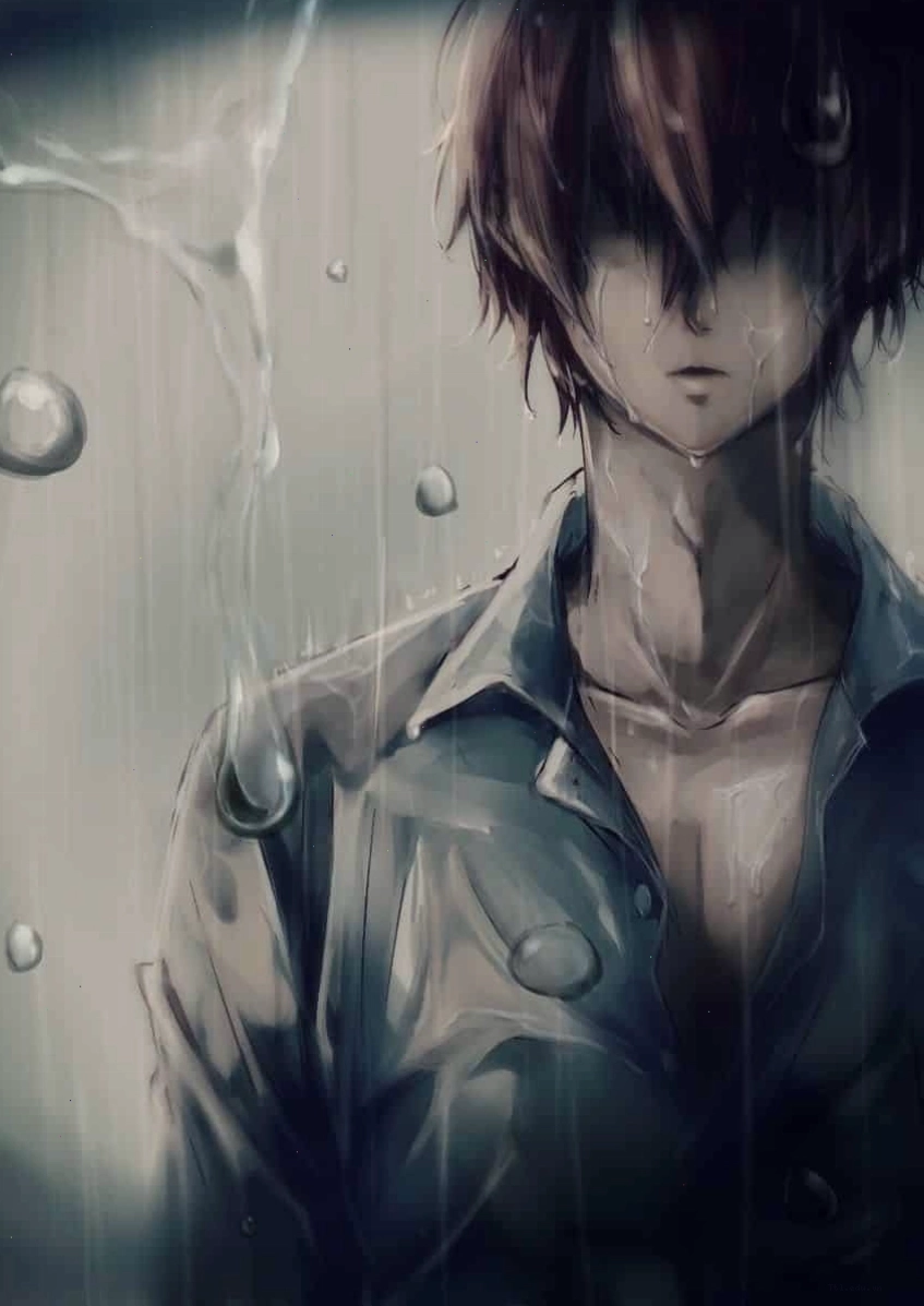 Ảnh anime nam buồn đứng khóc dưới mưa