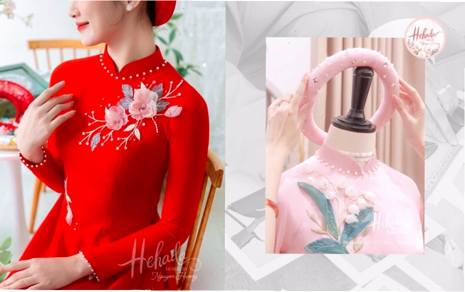 Áo dài cổ áo đính ngọc trai sang trọng
