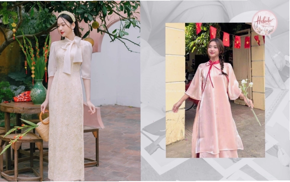 Áo dài cổ áo phối nơ xinh xắn