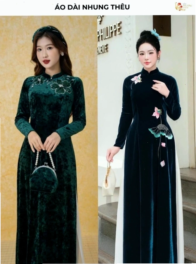 Áo dài nhung thêu họa tiết cầu kỳ
