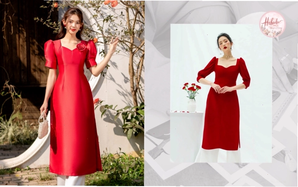 Áo dài suông cổ tim với chi tiết phối nơ điệu đà
