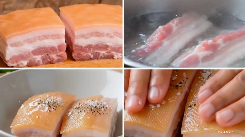 Bước sơ chế thịt ba rọi bằng cách khía da để tăng khả năng thấm gia vị