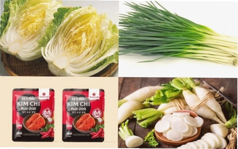 Các nguyên liệu cần thiết để làm kim chi tại nhà gồm cải thảo, củ cải và gia vị
