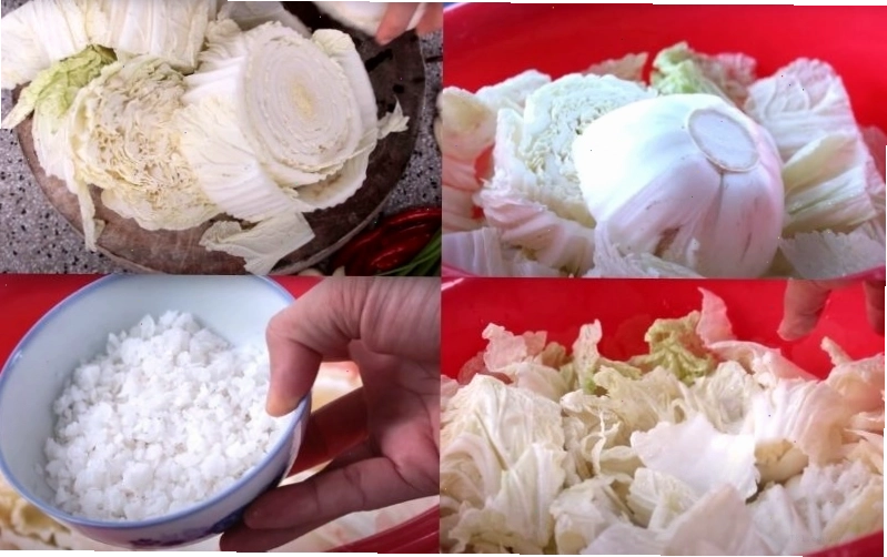 Cải thảo đang được sơ chế và ướp muối