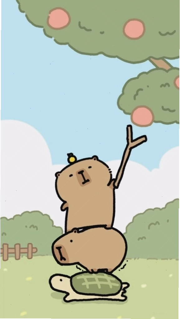 Capybara xếp chồng lên rùa hái quả