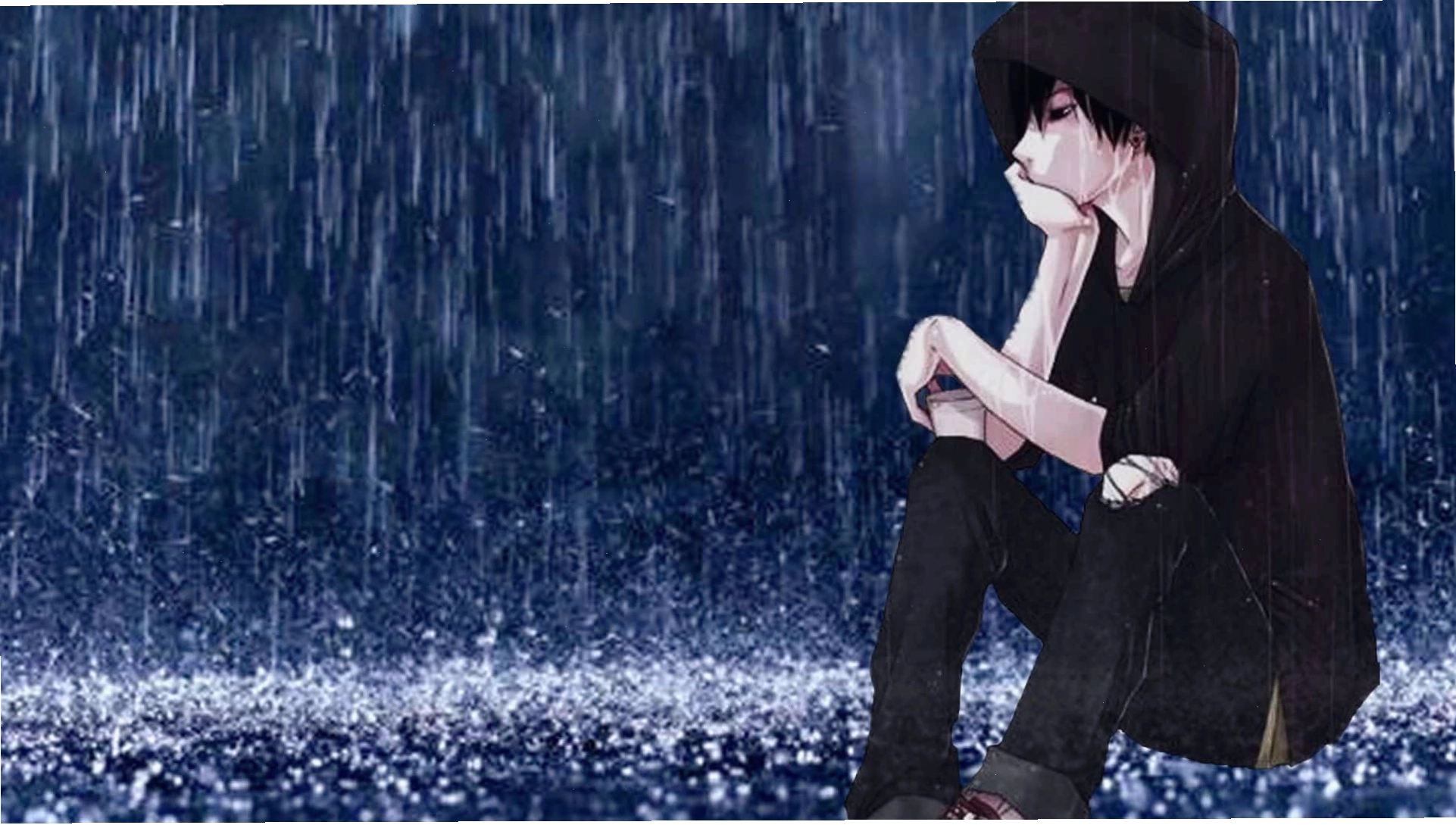 Chàng trai anime ngồi một mình trong mưa buồn