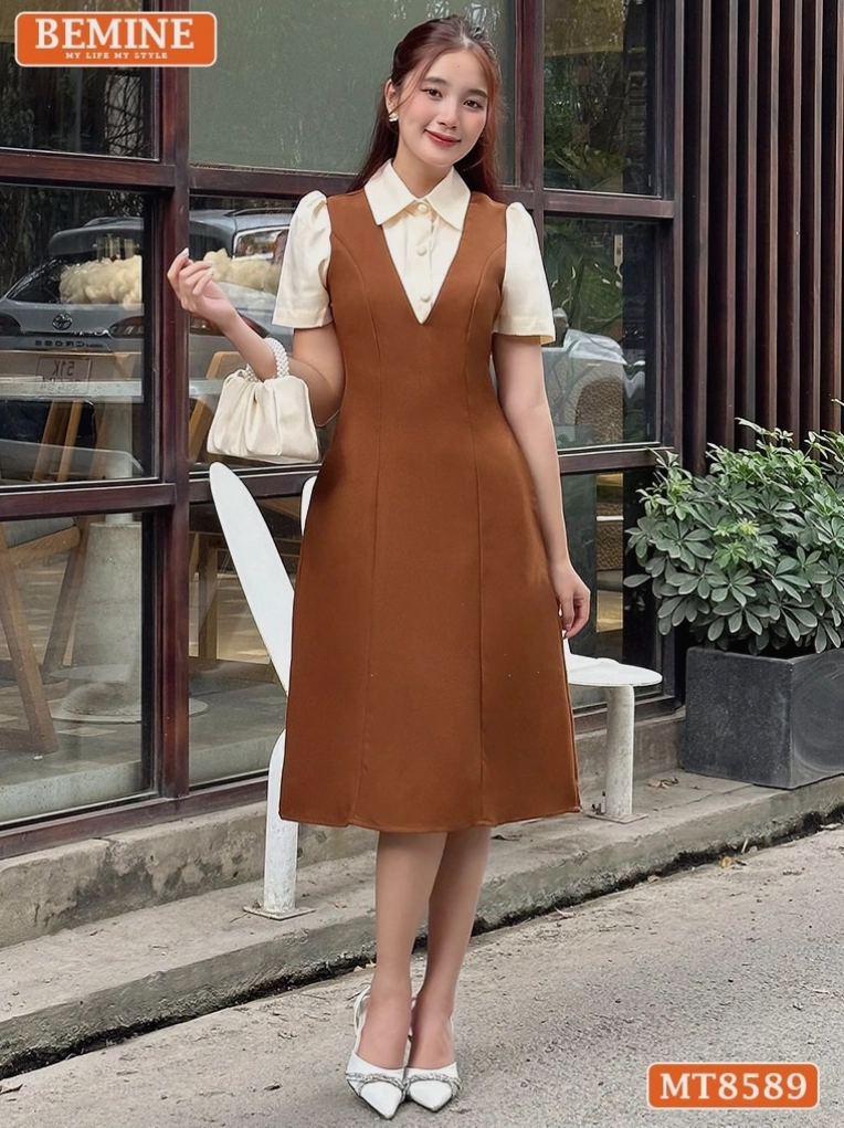 Đầm công sở phối tay ngắn trẻ trung