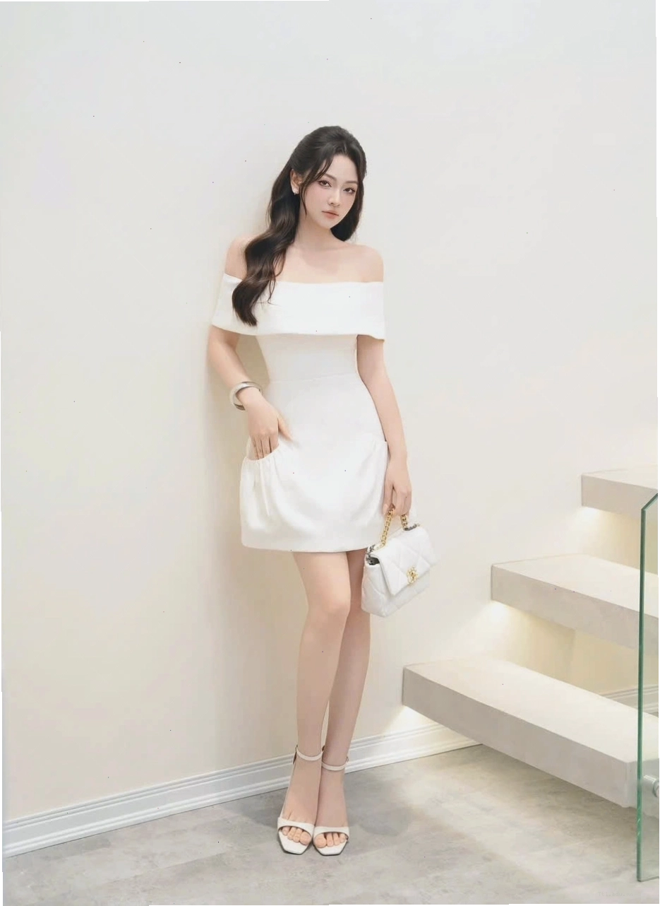 Đầm trắng trễ vai dự tiệc thiết kế đơn giản, hiện đại