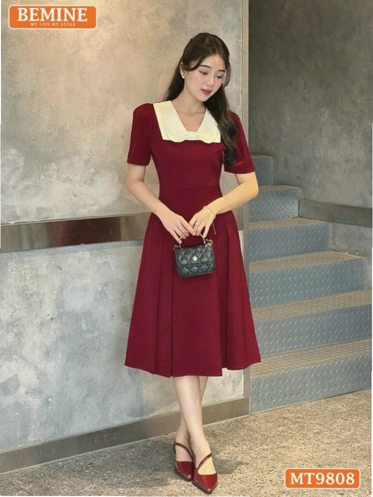 Đầm xòe công sở cổ phối nơ màu vàng