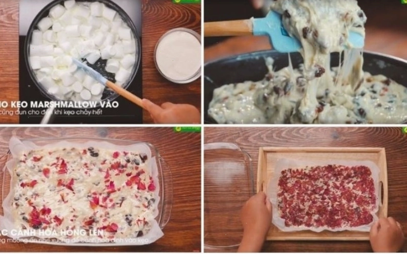 Đổ kẹo nougat vào khuôn và dàn đều