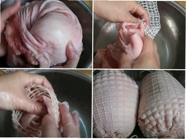 Giò dăm bông đang được luộc chín trong nồi nước sôi