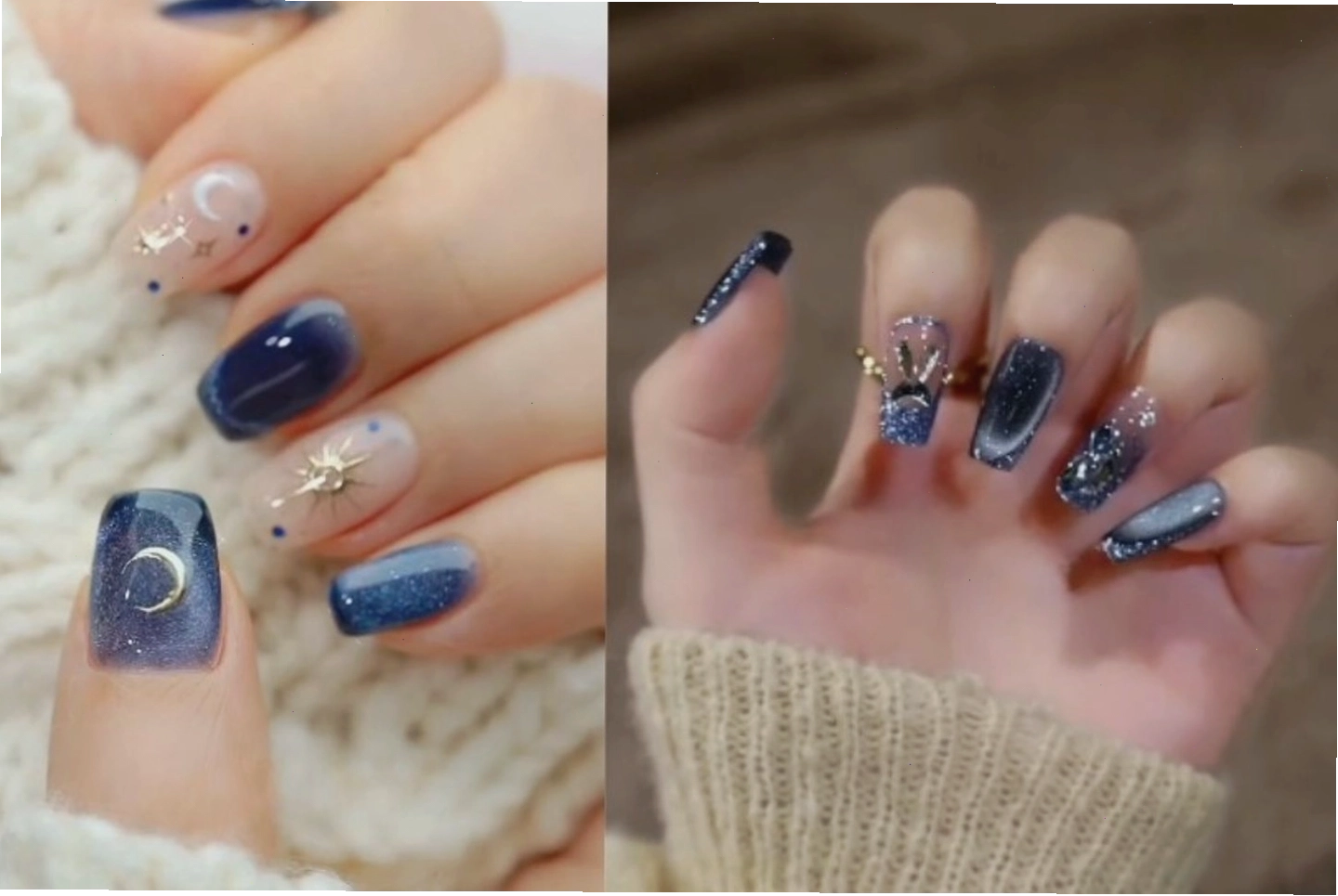 Mẫu móng tay mắt mèo Galaxy với hiệu ứng lấp lánh như bầu trời sao