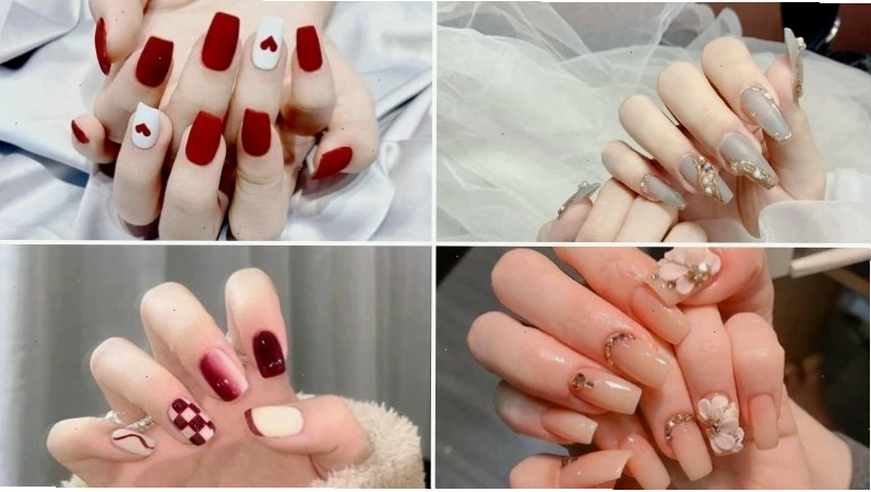 Mẫu nail Tết đơn giản với sắc đỏ may mắn và đính đá