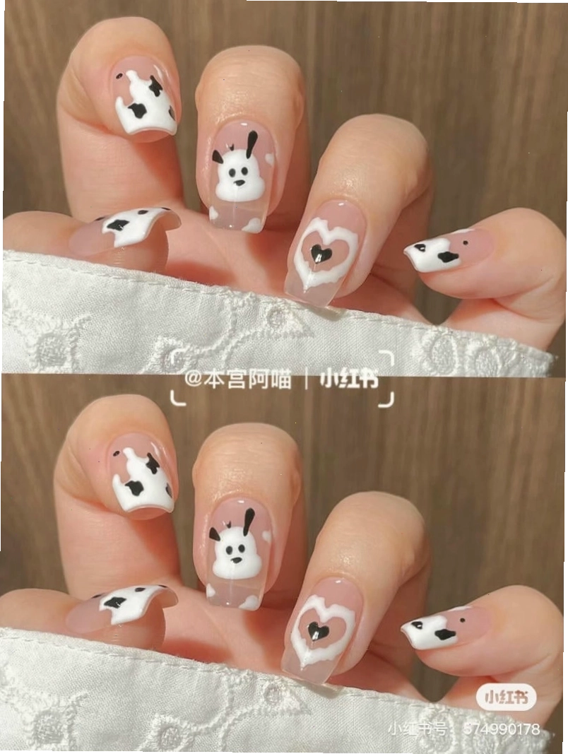 Mẫu nail vẽ hình mèo con đáng yêu trên nền móng màu hồng pastel