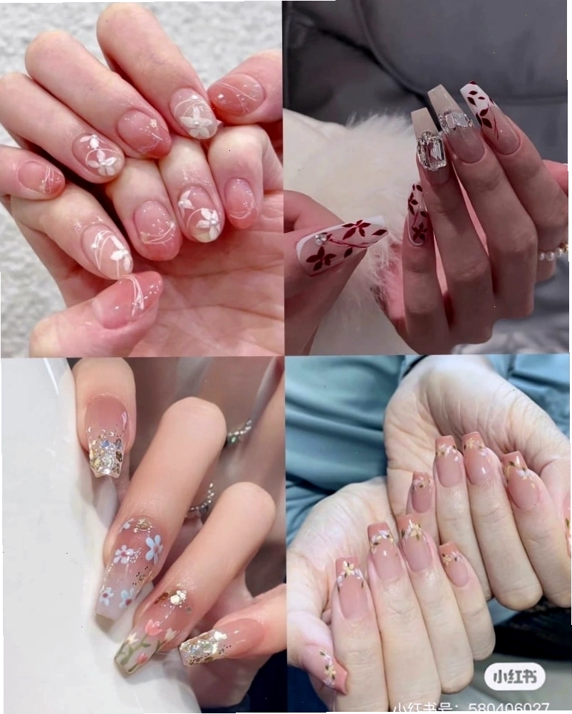 Mẫu nail vẽ hoa nhí màu pastel dịu dàng trên nền móng ngắn