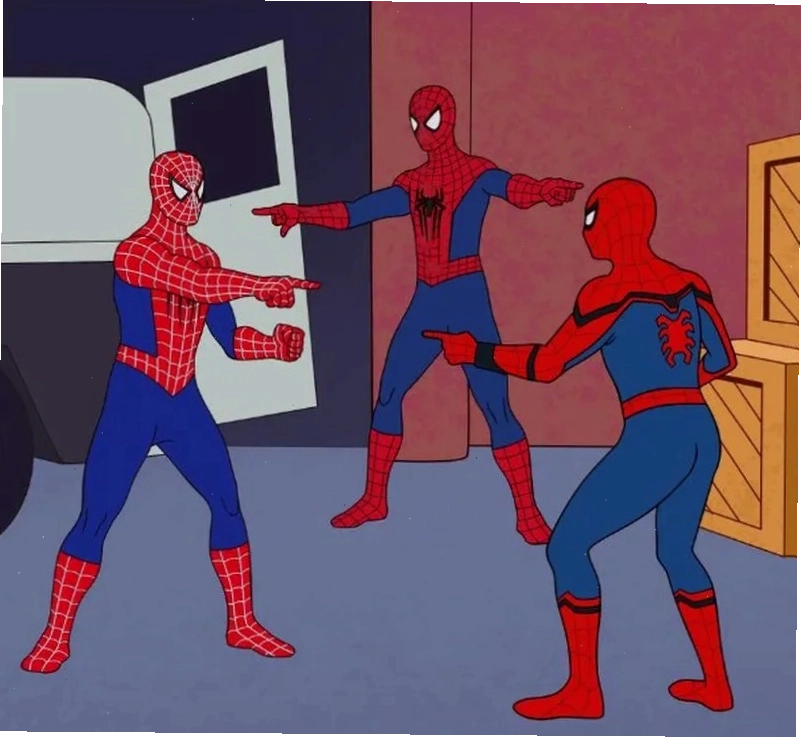 Meme ba Người Nhện chỉ tay nhau