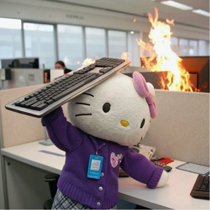 Meme Hello Kitty nổi loạn đập máy tính