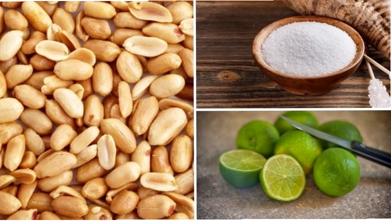 Nguyên liệu làm kẹo kéo đậu phộng gồm đường, đậu phộng, chanh