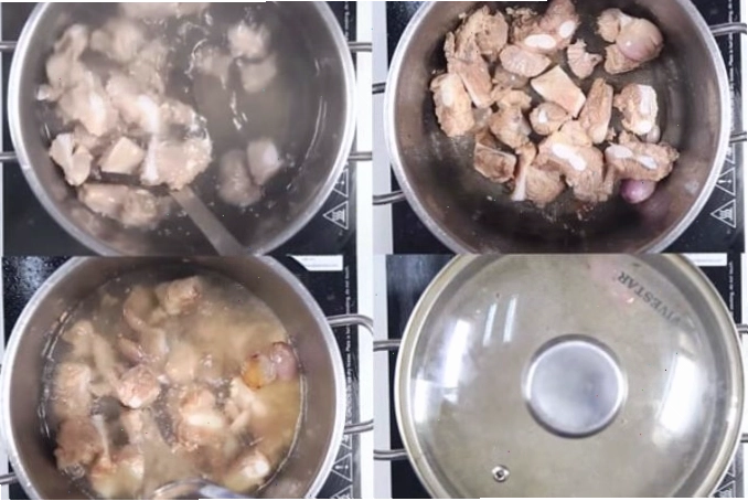 Ninh sườn sụn để lấy nước dùng ngọt cho lẩu riêu cua bắp bò