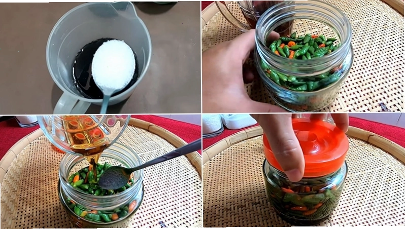Pha hỗn hợp nước mắm, đường, muối để ngâm ớt