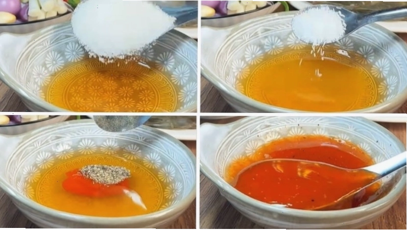 Pha nước sốt mặn ngọt gồm nước mắm, đường, tương ớt và tiêu