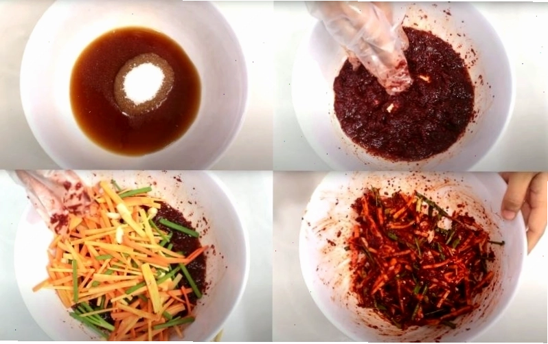 Pha trộn các loại gia vị để làm sốt kim chi