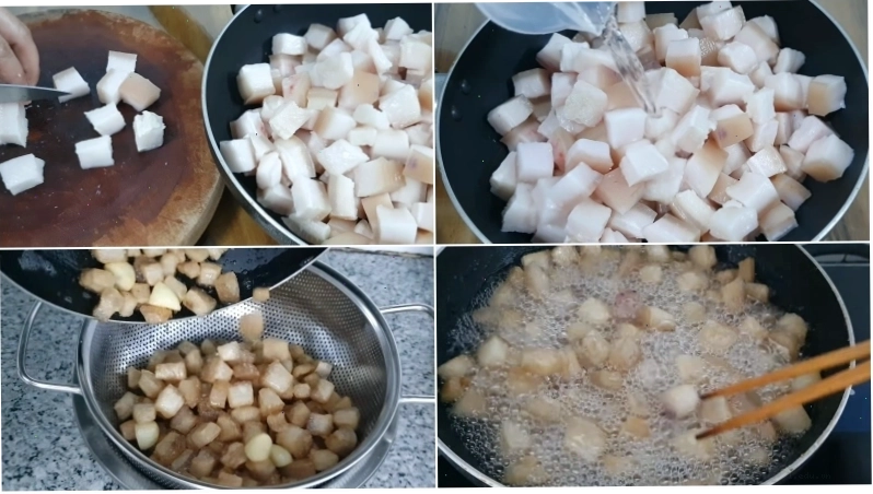 Quá trình thắng mỡ heo lần đầu với nước