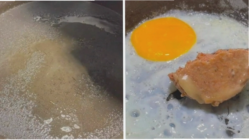 Thêm trứng gà và pate vào chảo bánh mì chảo