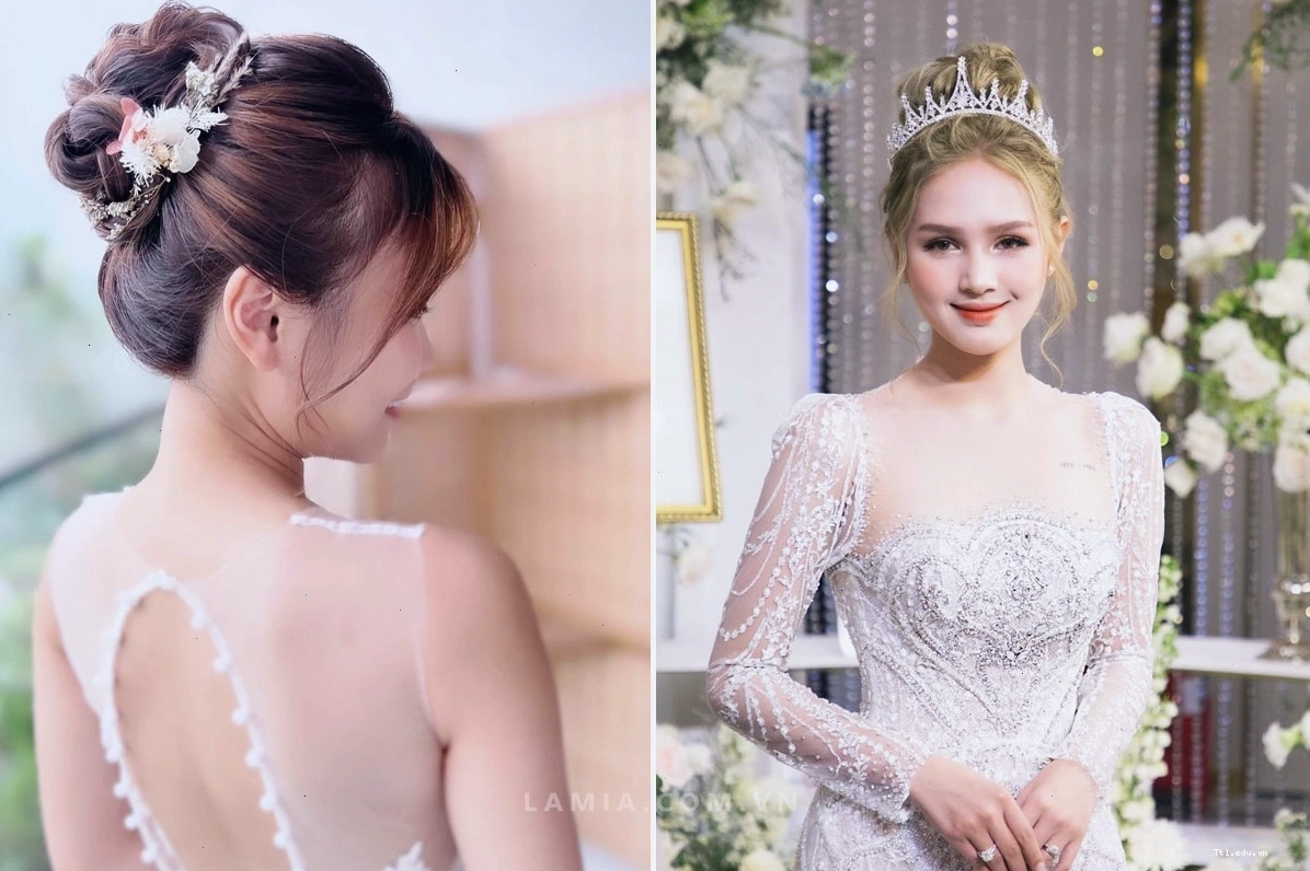 Tóc búi thấp sang trọng kết hợp hoa cài tóc tinh tế