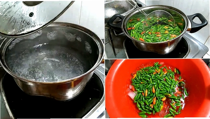 Trụng sơ ớt xiêm xanh qua nước sôi rồi ngâm vào nước đá để giữ độ giòn