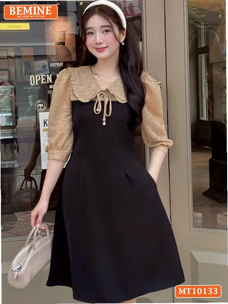 Váy xòe liền thân công sở phối ren hoa tinh tế